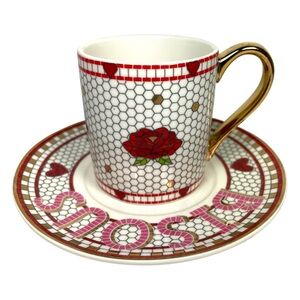 NWT Anthropologie Bistro Tile Espresso Cup and Saucer Set with gold details